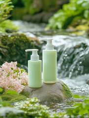 A bottle of natural serum or moisturizer for skin care is placed in a lush green environment with a river. Ideal for presentations of skincare, beauty and spa products