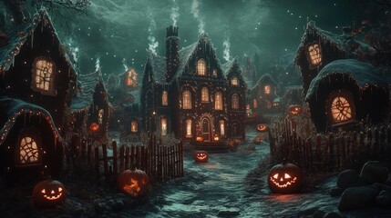 A spooky Halloween village scene with illuminated jack-o'-lanterns, snowy rooftops, and a ghostly atmosphere.