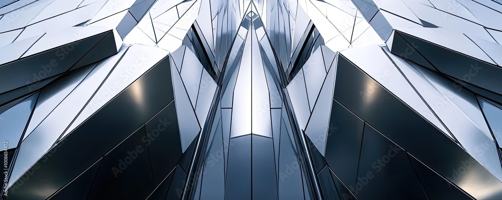 Poster a striking abstract architectural design showcasing sharp angles and reflective surfaces in sleek me