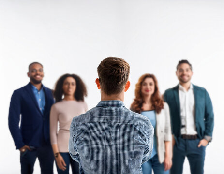 Equipo humano empresarial de pie frente al l&iacute;der o director en una reunion de trabajo o liderazgo
