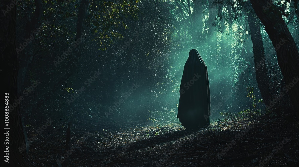 Poster a mysterious figure cloaked in darkness walking through an enchanting forest, surrounded by ethereal