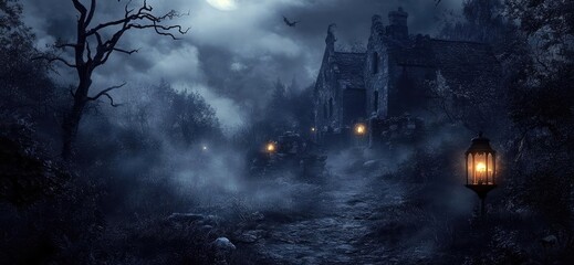 Mysterious night scene with a full moon illuminating an eerie landscape, featuring a castle, fog, and shadowy trees.