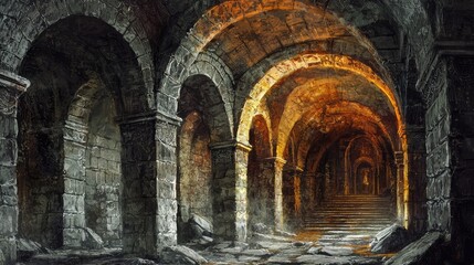 Fototapeta premium A mysterious underground passageway featuring ancient stone arches and dramatic lighting, evoking a sense of adventure.