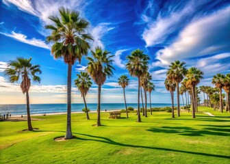 Scenic Oxnard Beach Park with Lush Green Grass, Palm Trees, and Vibrant Blue Ocean Under Clear Sky