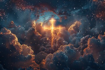 A divine cross emerging from a fiery cloud formation, with a night sky full of sparkling stars in the background 