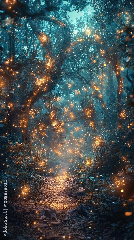 Poster a mystical forest path illuminated by glowing lights, creating an enchanting and serene atmosphere f