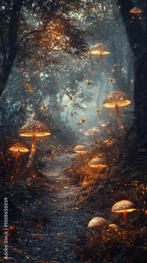 Poster a mystical forest path illuminated by glowing mushrooms, creating a magical and enchanting atmospher