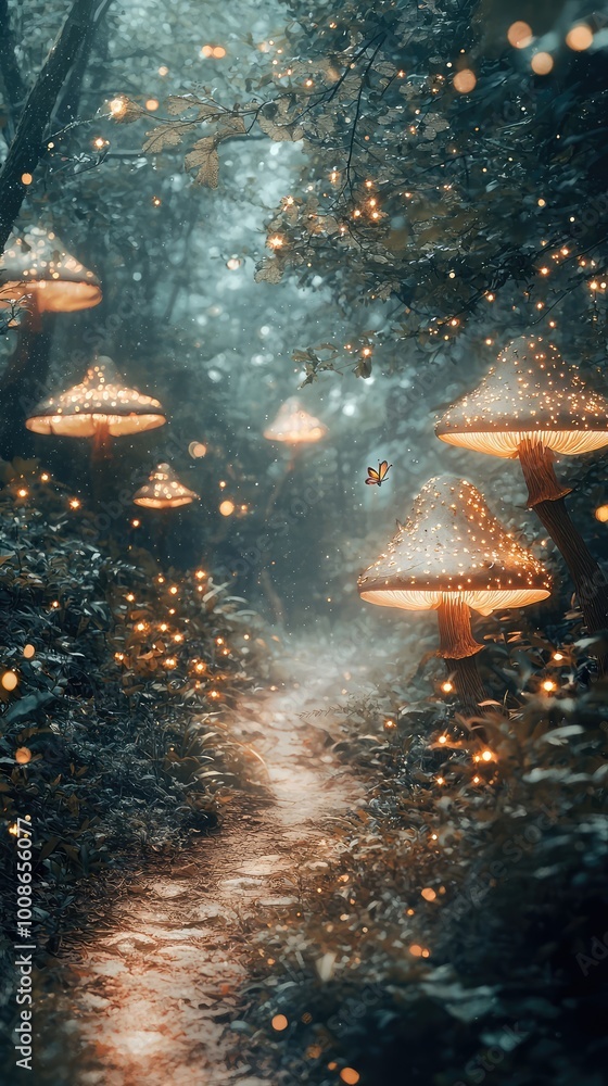 Poster a mystical forest path illuminated by glowing mushrooms, creating an enchanting atmosphere filled wi