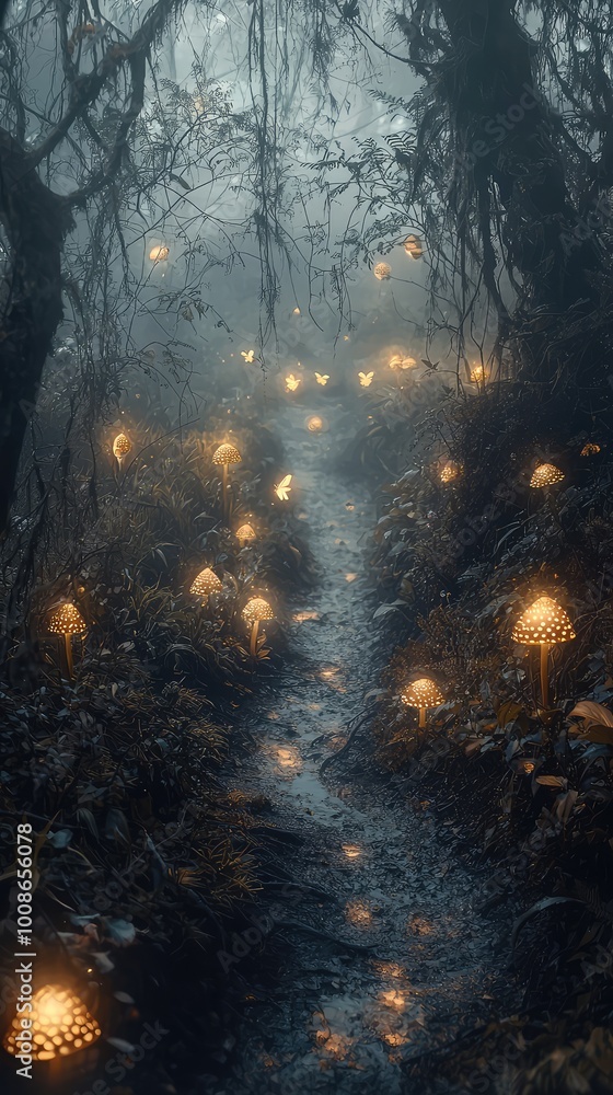 Poster a mystical forest path illuminated by glowing mushrooms, creating an enchanting and serene atmospher