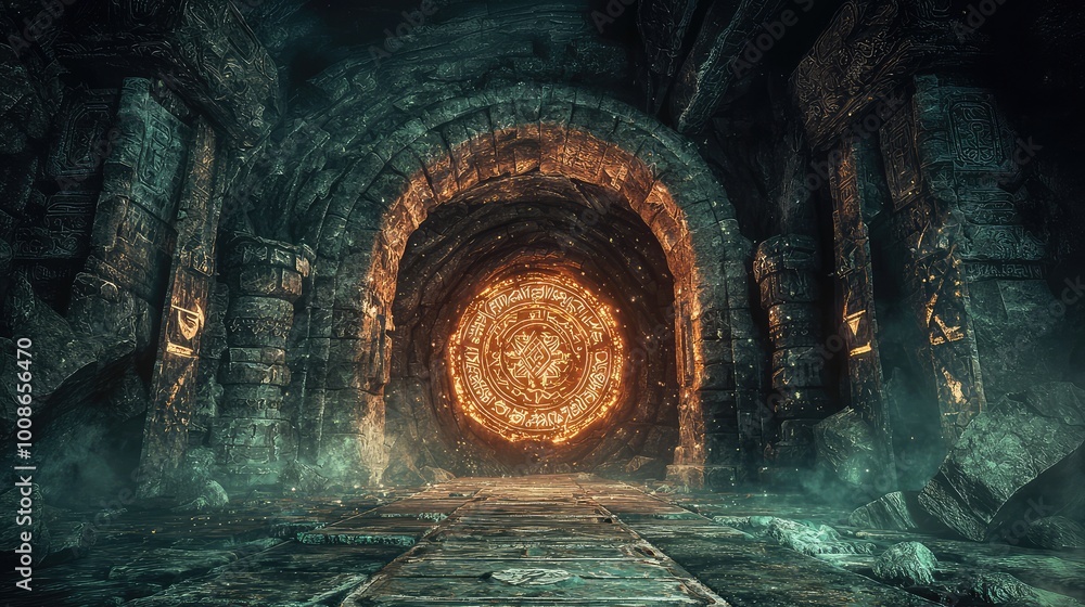 Poster a mystical stone tunnel with an illuminated portal, casting an enchanting glow on the surrounding an
