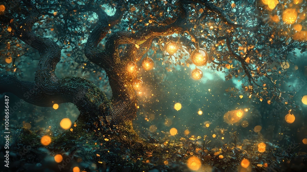 Poster a mystical tree illuminated by glowing orbs, creating an enchanting atmosphere in a serene forest se