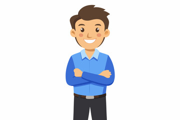 Portrait of a smiling business man wearing a blue shirt and grey pants standing with her arms crossed isolated on a white background. vector art illustration.