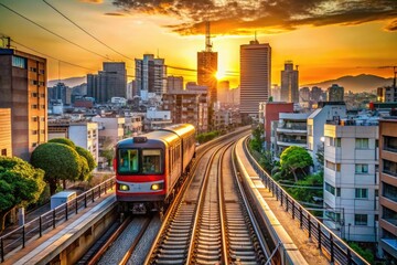 Naklejka premium Scenic view of a urban train traveling through a vibrant cityscape during the day in Japan