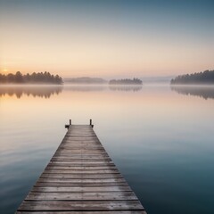 Fototapeta premium Serene dock extending into a calm lake at sunrise, representing peace and tranquility in nature.