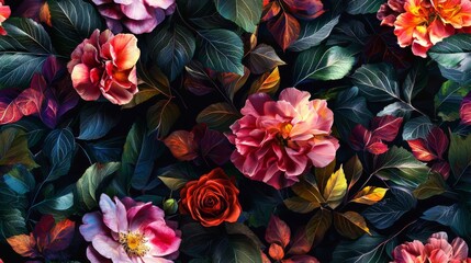 Floral designs with vibrant blooms and leaves on black background. Flowers seamless pattern