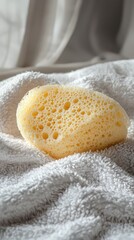 A natural sponge resting on a white towel, showcasing its unique texture and softness in a serene and bright setting.