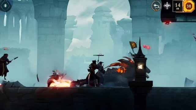 side scrolling rpg mmo characters fighting a dragon video game gameplay Generative AI