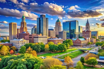 Fototapeta premium Scenic view of downtown Connecticut city skyline with modern buildings and beautiful blue sky