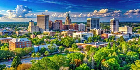 Scenic View of Downtown Tallahassee with Skyscrapers and Lush Greenery under Clear Blue Sky