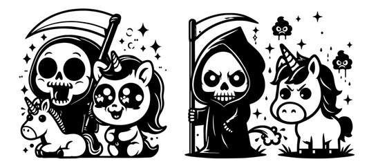 sweet and detailed baby grim reaper in cartoon style black vector illustration