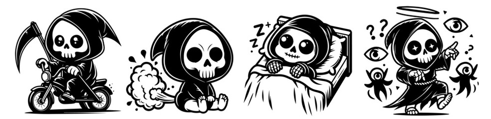 Adorable Baby Grim Reaper in Everyday Life – Cute Cartoon Style Set