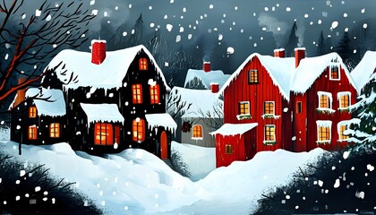 Naklejka premium A cozy winter scene featuring snow-covered houses with glowing windows, surrounded by falling snowflakes and evergreen trees.