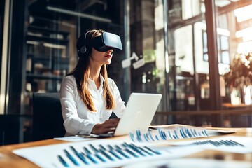Woman Wearing VR Headset Using Laptop and Reviewing Business Documents