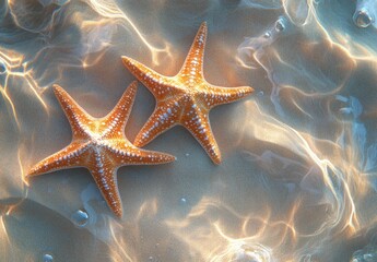 Three vibrant starfish resting on the sandy beach under gentle sunlight