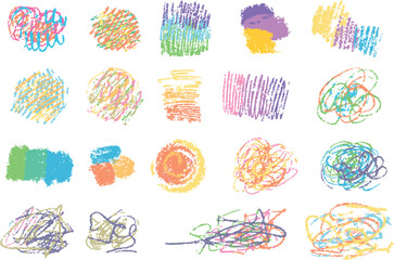 Colorful scribble line with charcoal, crayon, colored pencil, chalk, the wax texture of brush. circle line brushstrokes layering on each other, messy and random as kid hand drawing. childlike doodle