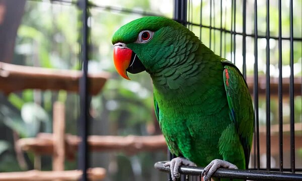 A green parrot with red beak perched in a cage