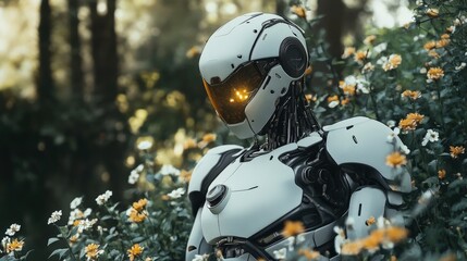 Fototapeta premium The robot observes its surroundings curiously, surrounded by colorful flowers in a beautiful garden, blending technology with nature in a tranquil environment