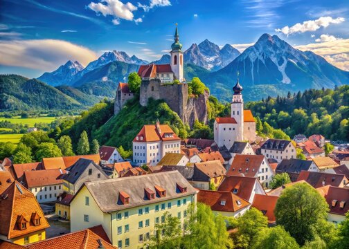 Scenic View of Fussen's Historic Architecture Surrounded by Majestic Bavarian Alps in Germany