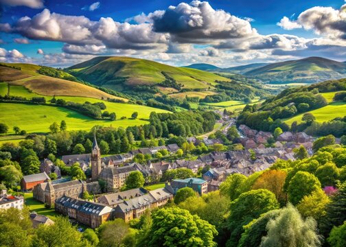 Scenic View of Galashiels Town in the Scottish Borders Surrounded by Lush Green Hills and Nature