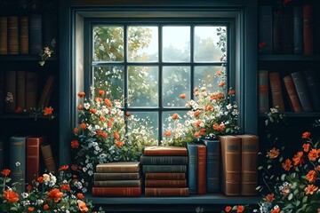a window with books and flowers

