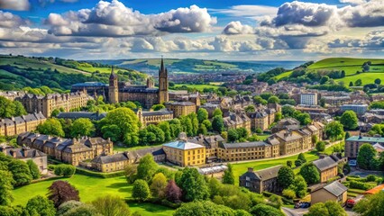 Scenic View of Halifax, West Yorkshire with Historic Buildings and Lush Green Surroundings