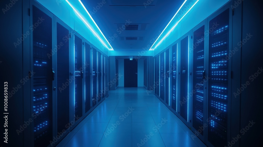 Poster the server room features rows of neatly arranged servers bathed in blue light, creating a high-tech 