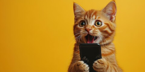 Fototapeta na wymiar A fluffy pet cat looks into a smartphone and is surprised by the discounts. The concept of autumn discounts, black Friday sales