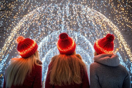 Three people in red hats enjoying a holiday light display