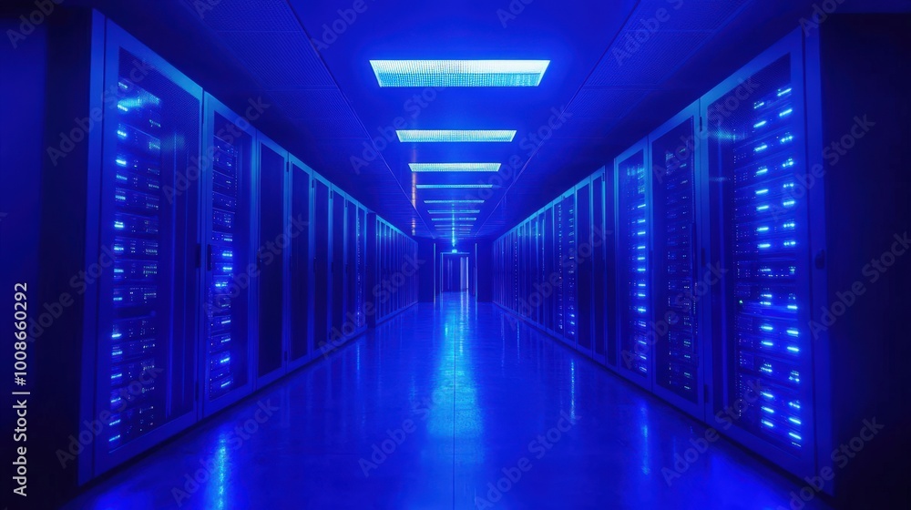 Poster this futuristic server room features sleek lines and rows of glowing blue lights, highlighting intri