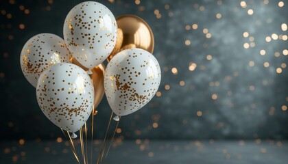 Elegant display of white and gold balloons against a sparkling background for celebrations
