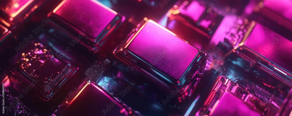 Poster a vibrant macro view of glossy, reflective blocks with neon colors creating a futuristic digital atm