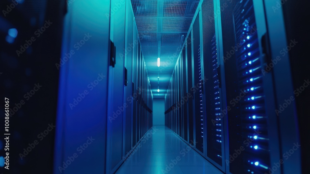 Aufkleber rows of server racks fill the room, each emitting a soft blue glow. the high-tech environment sugges