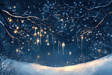 winter wonderland, illustration of a magical winter garden with snow-covered branches, icicles, and twinkling stars in a midnight blue sky, creating an enchanting scene