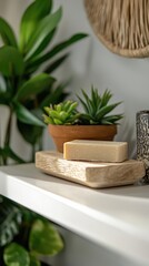 Obraz premium A serene display of natural elements featuring soap, wooden tray, and vibrant plants, perfect for a calm and eco-friendly atmosphere.