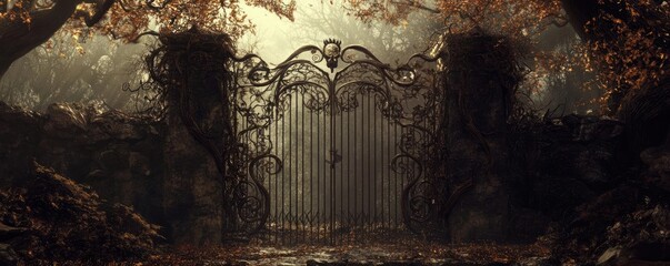 An enchanting gate shrouded in mist and surrounded by autumn trees, inviting exploration into a mysterious world beyond.