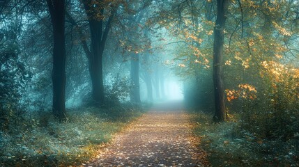 Fototapeta premium A serene forest path shrouded in mist, framed by autumn leaves, inviting exploration and offering a tranquil escape into nature.