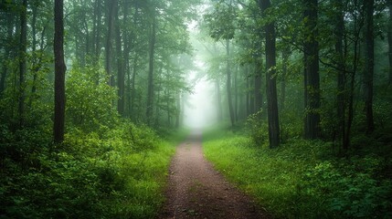 Fototapeta premium A serene forest path surrounded by tall trees and soft fog, evoking calmness and tranquility in nature.