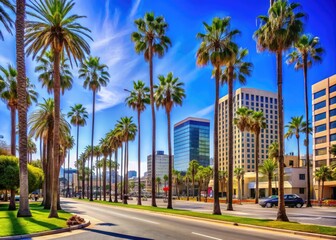 Scenic View of Santa Ana California with Urban Landscape, Palm Trees, and Clear Blue Sky in Daylight
