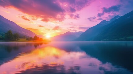 Sunset over mountain lake