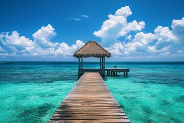 A beautiful wooden dock leads into clear turquoise waters. Soft clouds drift above the ocean. This serene view captures peace and calm in a tropical paradise. Generative AI
